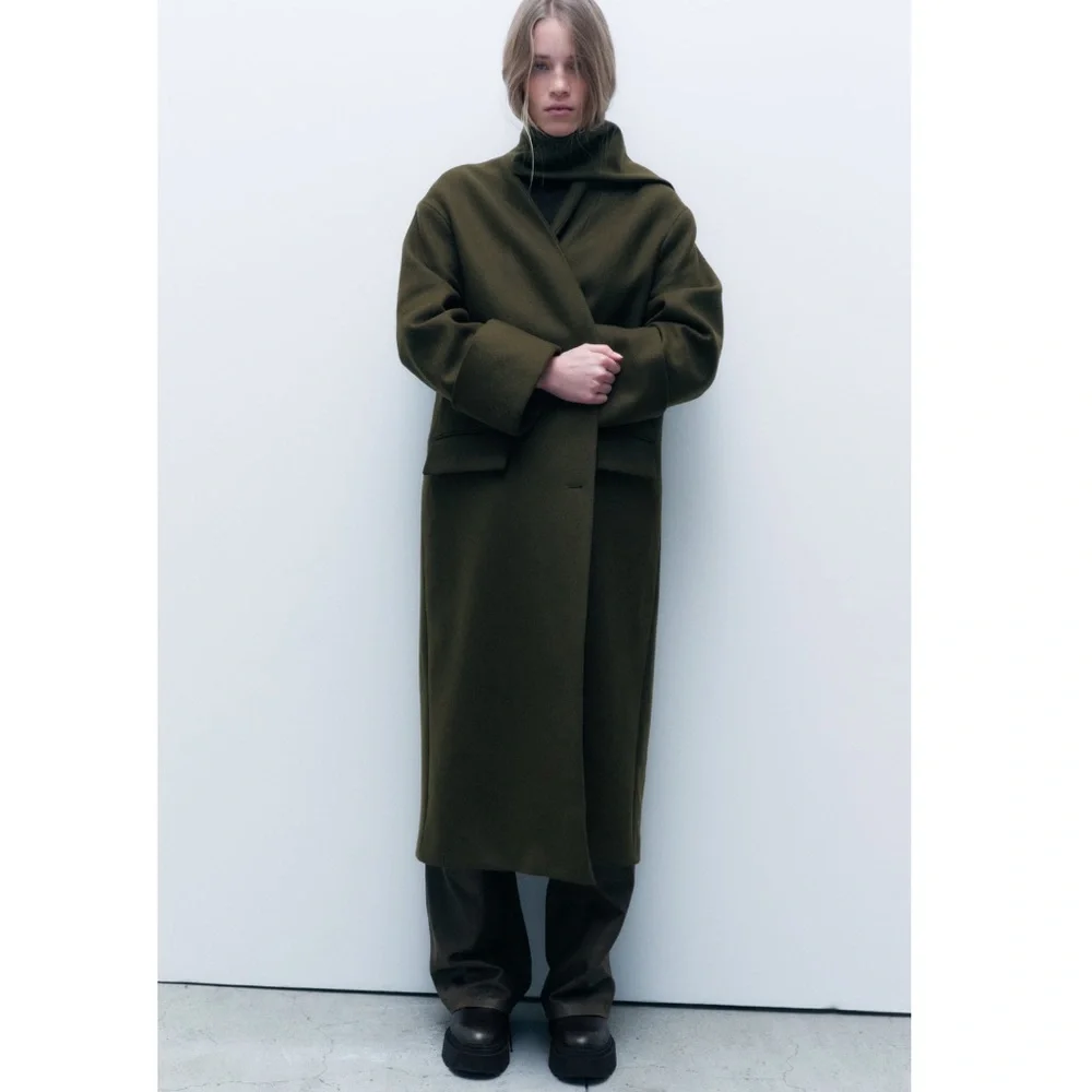 Viral Zara Coat with Scarf Wool, Olive Green. Sz xs/s - Picture 10 of 16